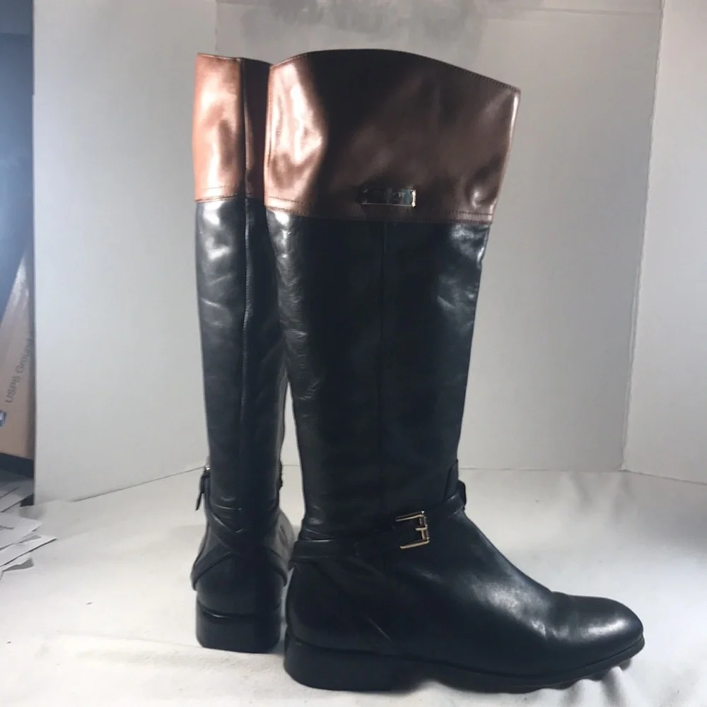 Coach Micha Black and Brown Leather Knee-High Women's Side Zip Riding Boots